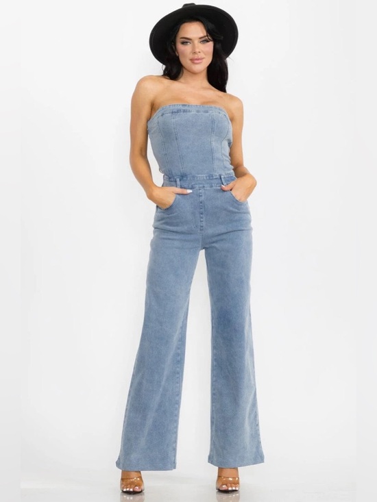 Mandalay and Company Pants - RODEO REBEL STRAPLESS STRETCH WIDE LEG POCKET DENIM JUMPSUIT